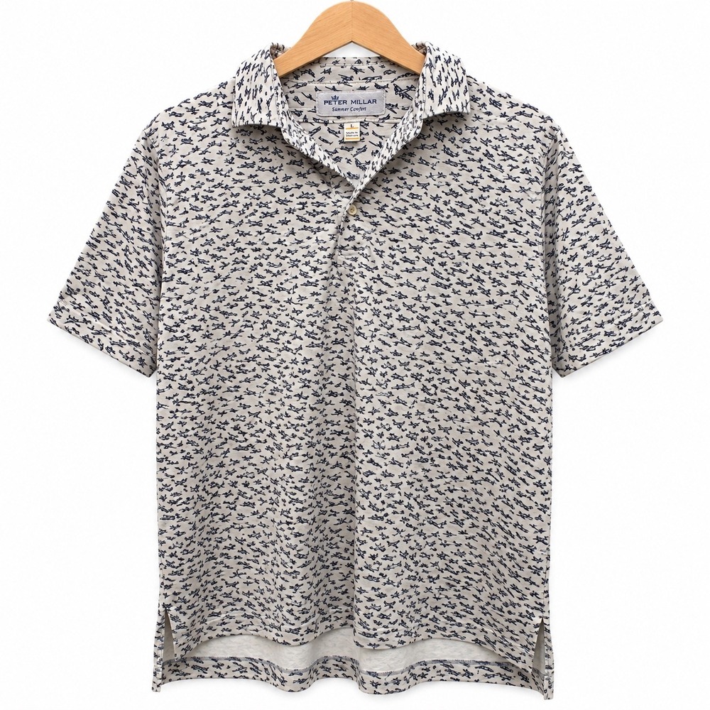 Peter Millar Summer Comfort Airplane Print Polo Shirt Mens Large Gray Navy Blue